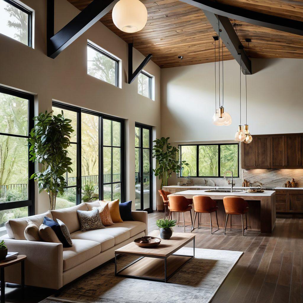 An inviting and stylish interior with a stunning blend of modern and rustic elements, showcasing an open floor plan with large windows, cozy furniture, and lush indoor plants. Incorporate unique design features like a statement light fixture and colorful artworks on the walls. Highlight diverse materials like wood, stone, and fabric to evoke a personalized dream space. super-realistic. vibrant colors. warm lighting.