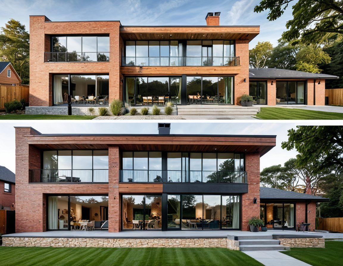 A split image showcasing a modern home on one side featuring sleek lines, large glass windows, and an open-plan interior, while the other side displays a traditional home with rustic brickwork, ornate details, and cozy wooden elements. The background should have a blend of contemporary and classic architectural elements. The overall vibe should evoke a sense of harmony between the two styles. super-realistic. vibrant colors. 3D.