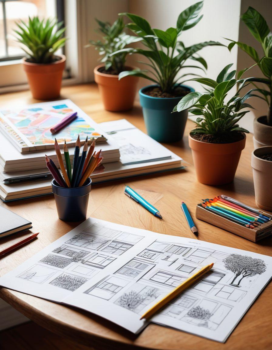 A stunning collage of diverse floor plans elegantly spread out on a wooden table, with a designer's sketchbook, colored pencils, and a laptop displaying 3D models. Soft natural light streams in from a nearby window, illuminating the intricate details of the blueprints. A lush potted plant adds a touch of greenery, symbolizing life and creativity in home design. Cozy interior elements in the background hint at various lifestyles. super-realistic. vibrant colors. soft lighting.